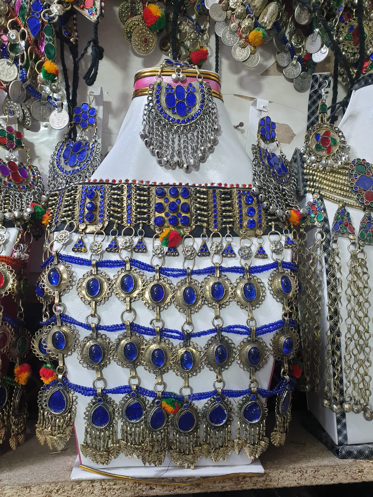 Three Stone Layer Long Necklace With Ear Rings And Tikka