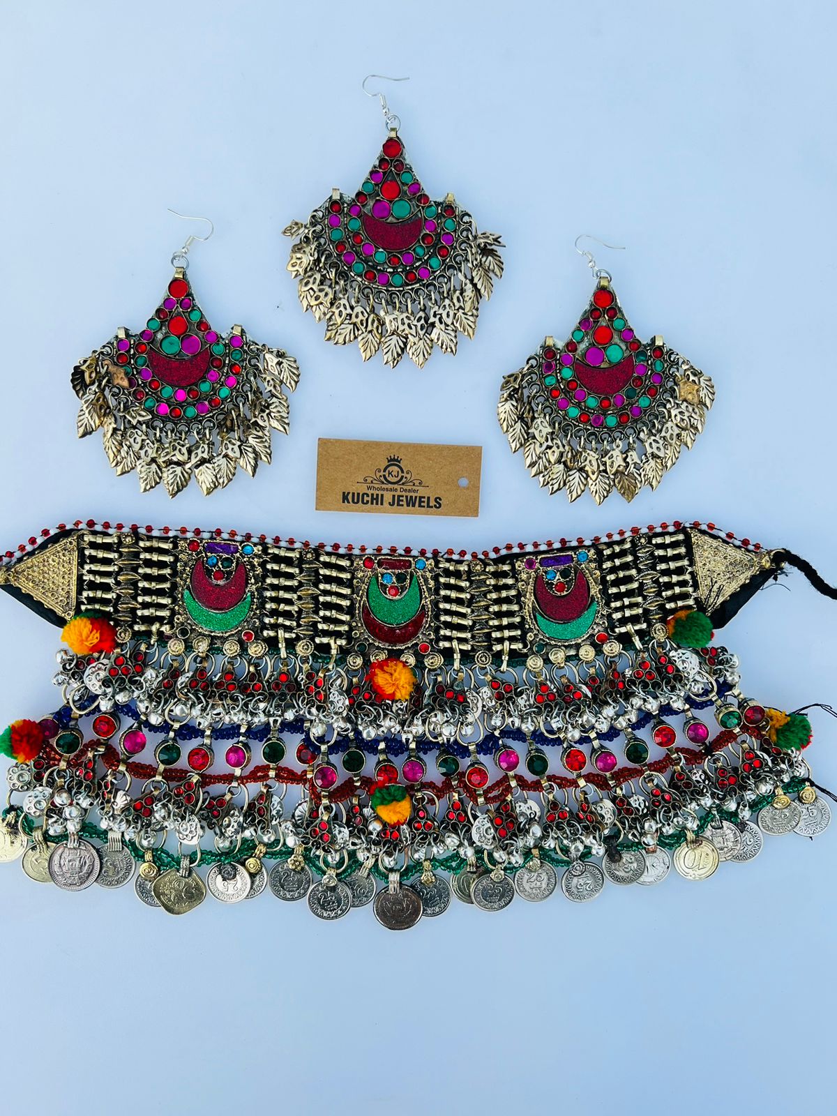 Afghani Choker Set With Golden Leaf Ear Rings And Tikka