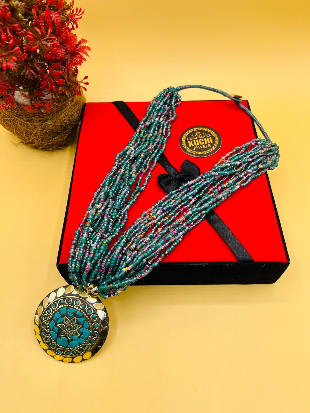 Indian Beaded Strings Mala With Square Stone Pendant