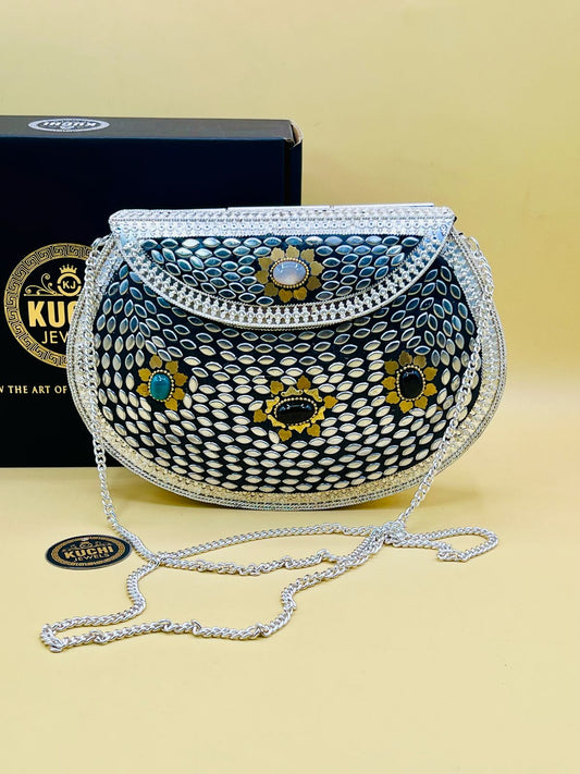D Shape Stone Metal Silver Bag
