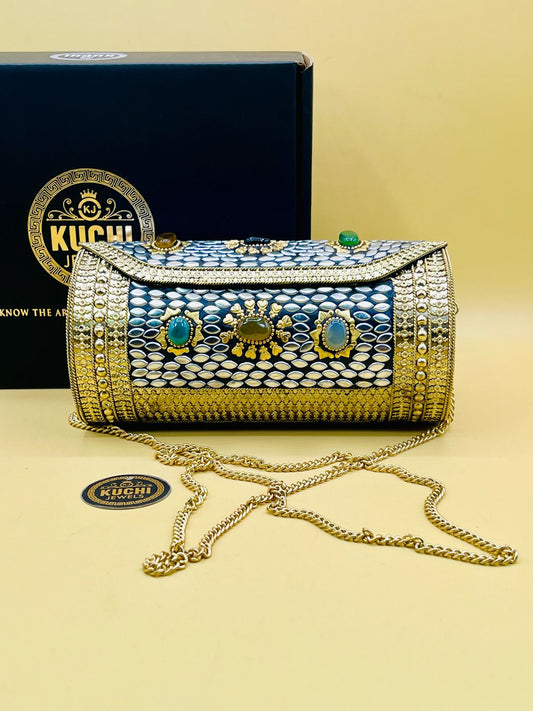 Capsule Shape Stone Metal Golden Bag