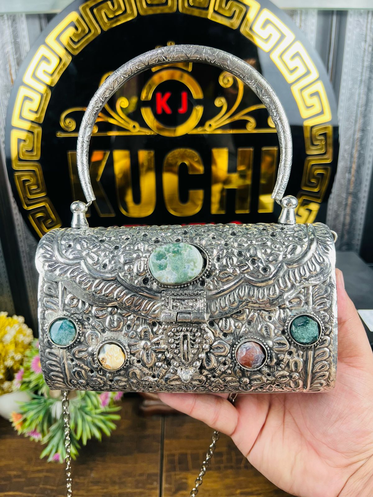 Silver Metal And Multi Stone Hand Bag