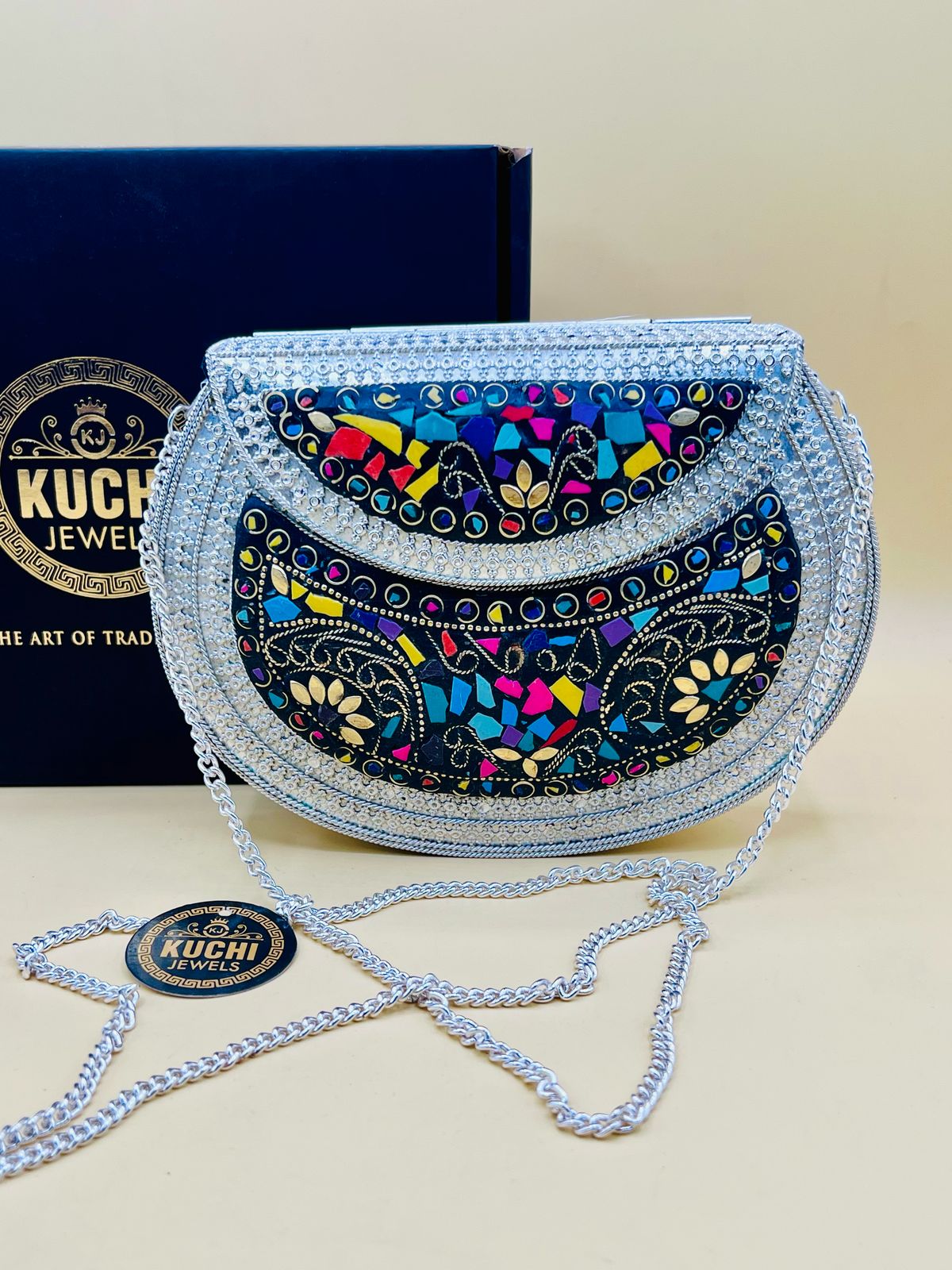 Silver Mosaic Multi Stone D shape Bag