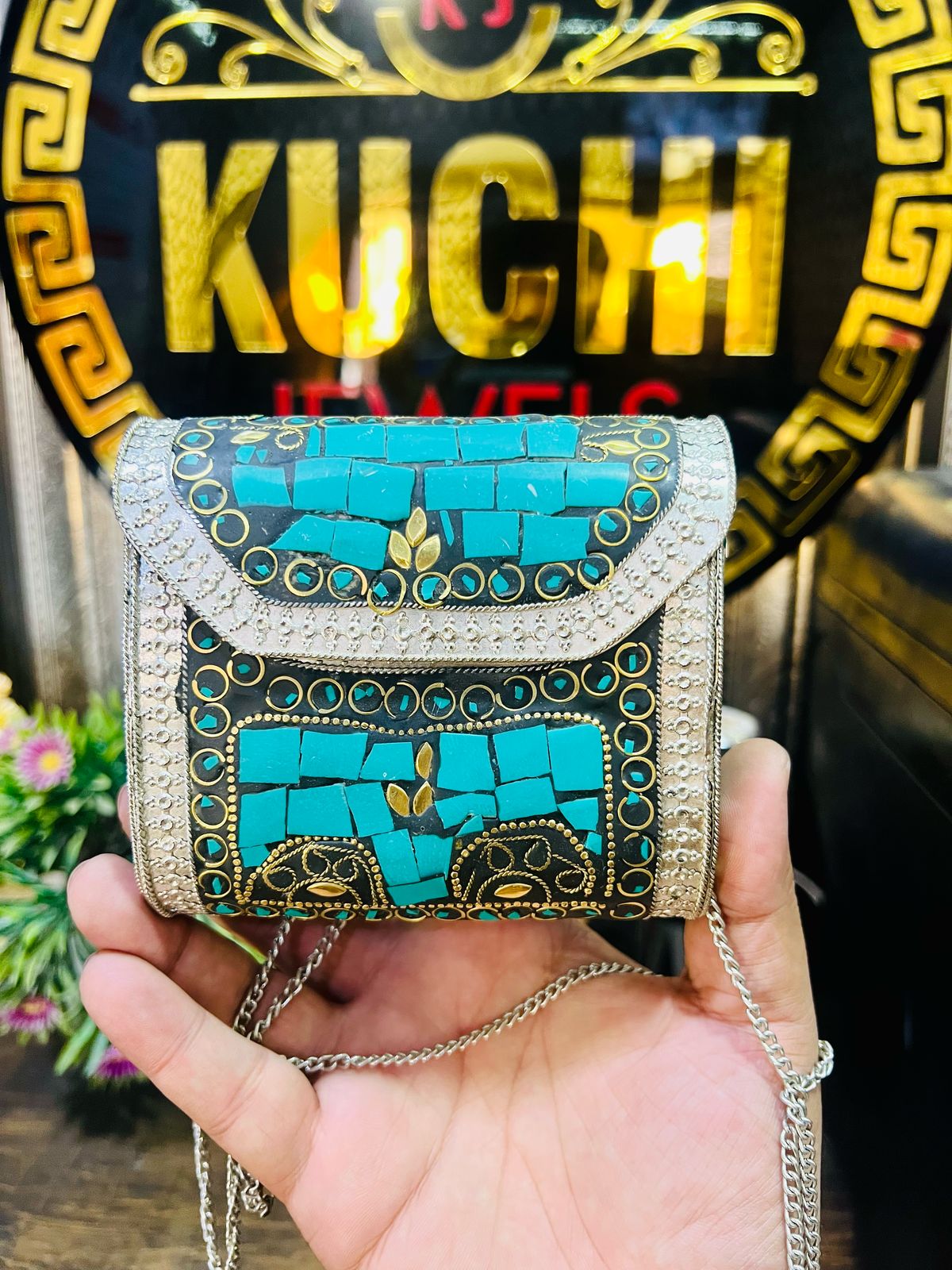 Medium Mosaic Silver Green Metal Bag