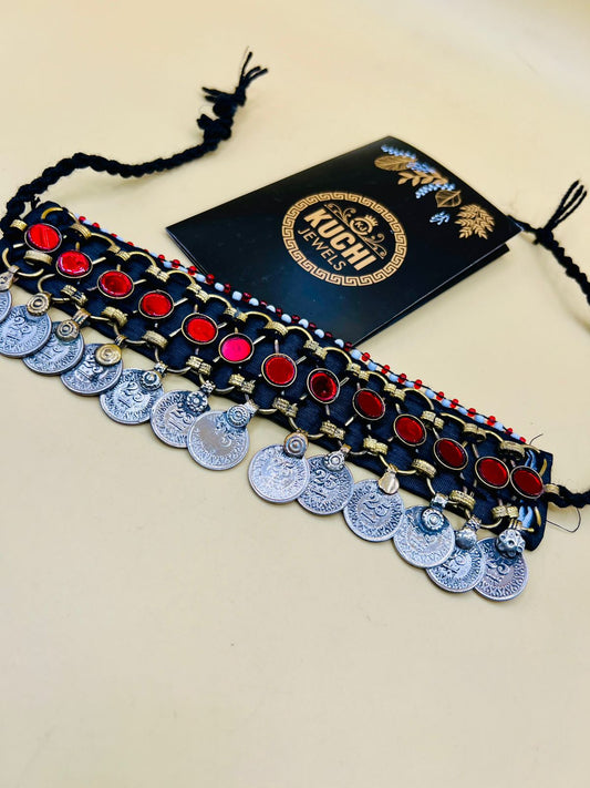 Red Stone And Coins Choker