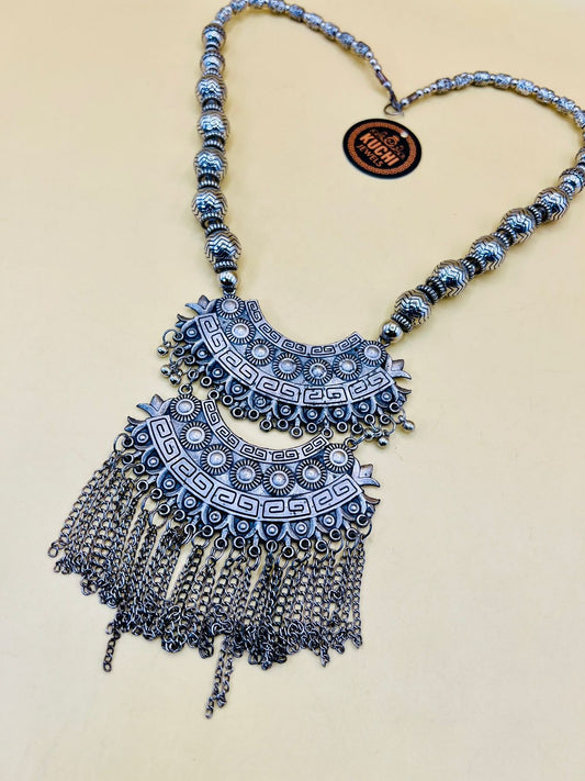Double Pendant Silver Beads Oxidized Necklace Set
