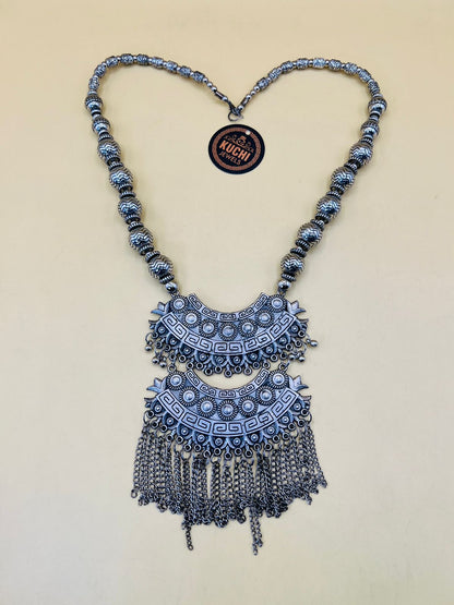 Double Pendant Silver Beads Oxidized Necklace Set