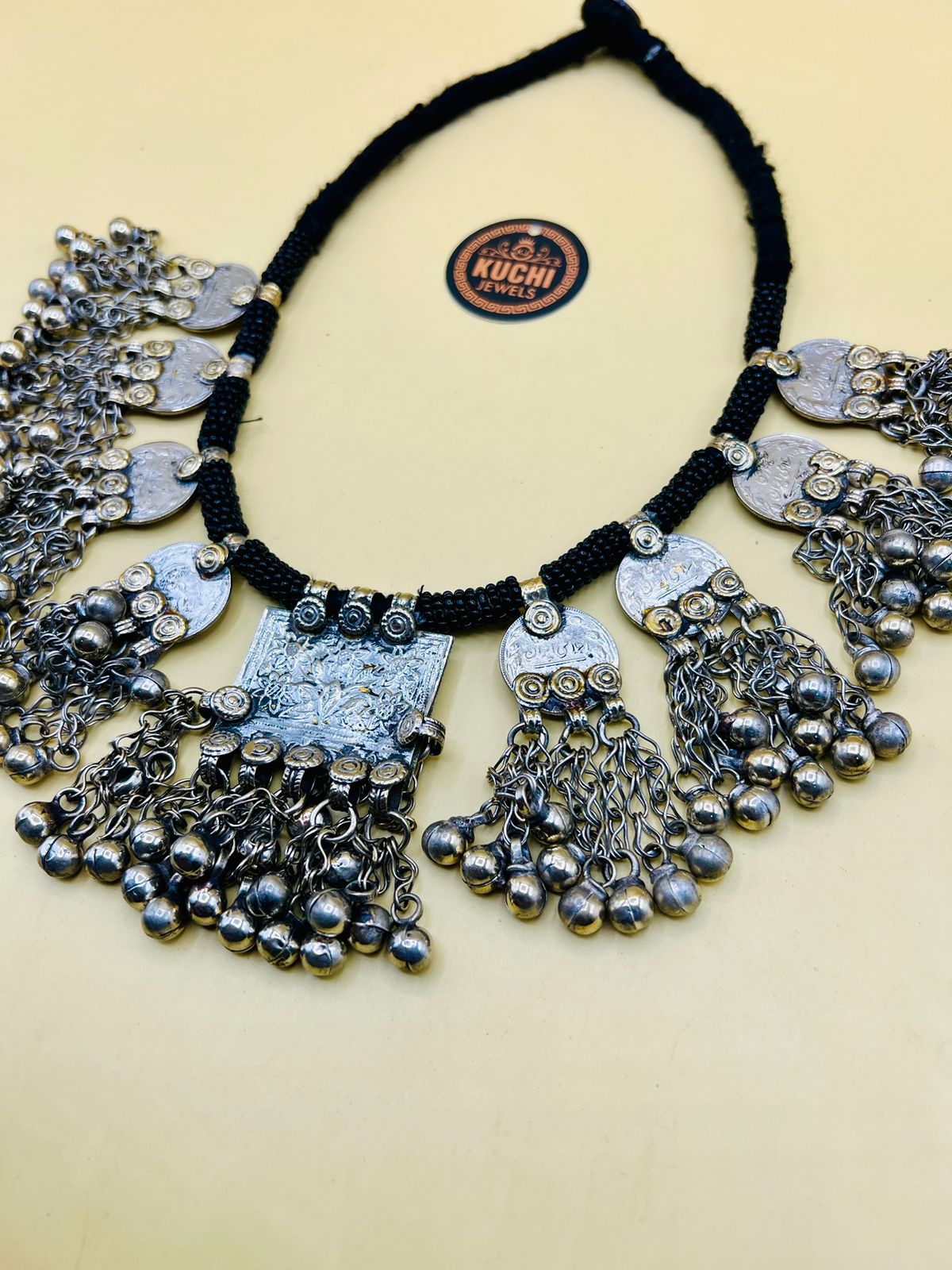 Multi Vintage Pendants Black Beads Kuchi Necklace