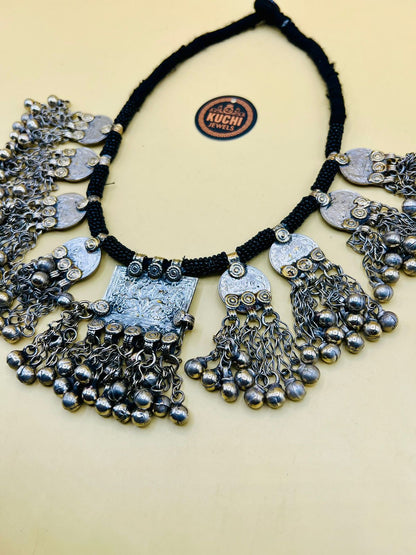 Multi Vintage Pendants Black Beads Kuchi Necklace