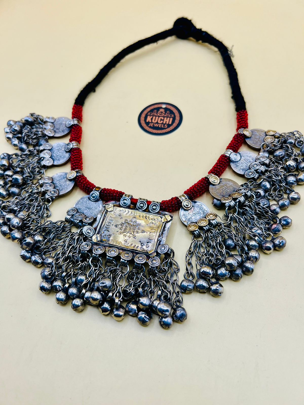 Multi Vintage Pendants Red Beads Kuchi Necklace