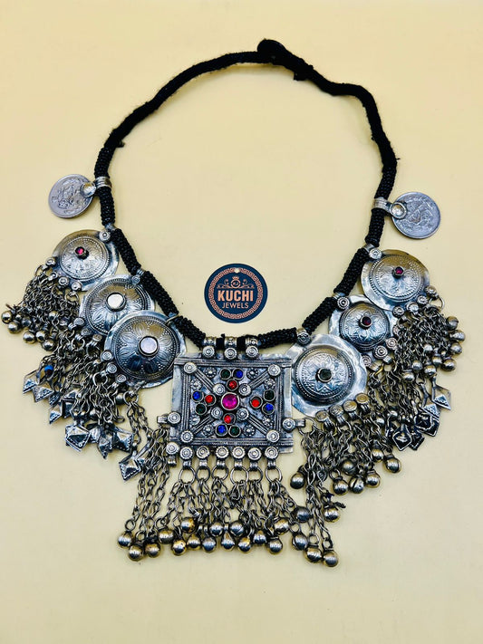 Afghani Square Pendant Black Beads Necklace