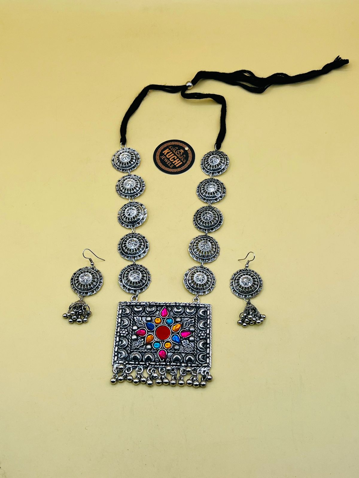 Indian Oxidized Round Button Necklace Set