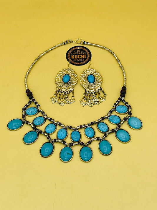 Turquoise Stone Necklace With Earrings