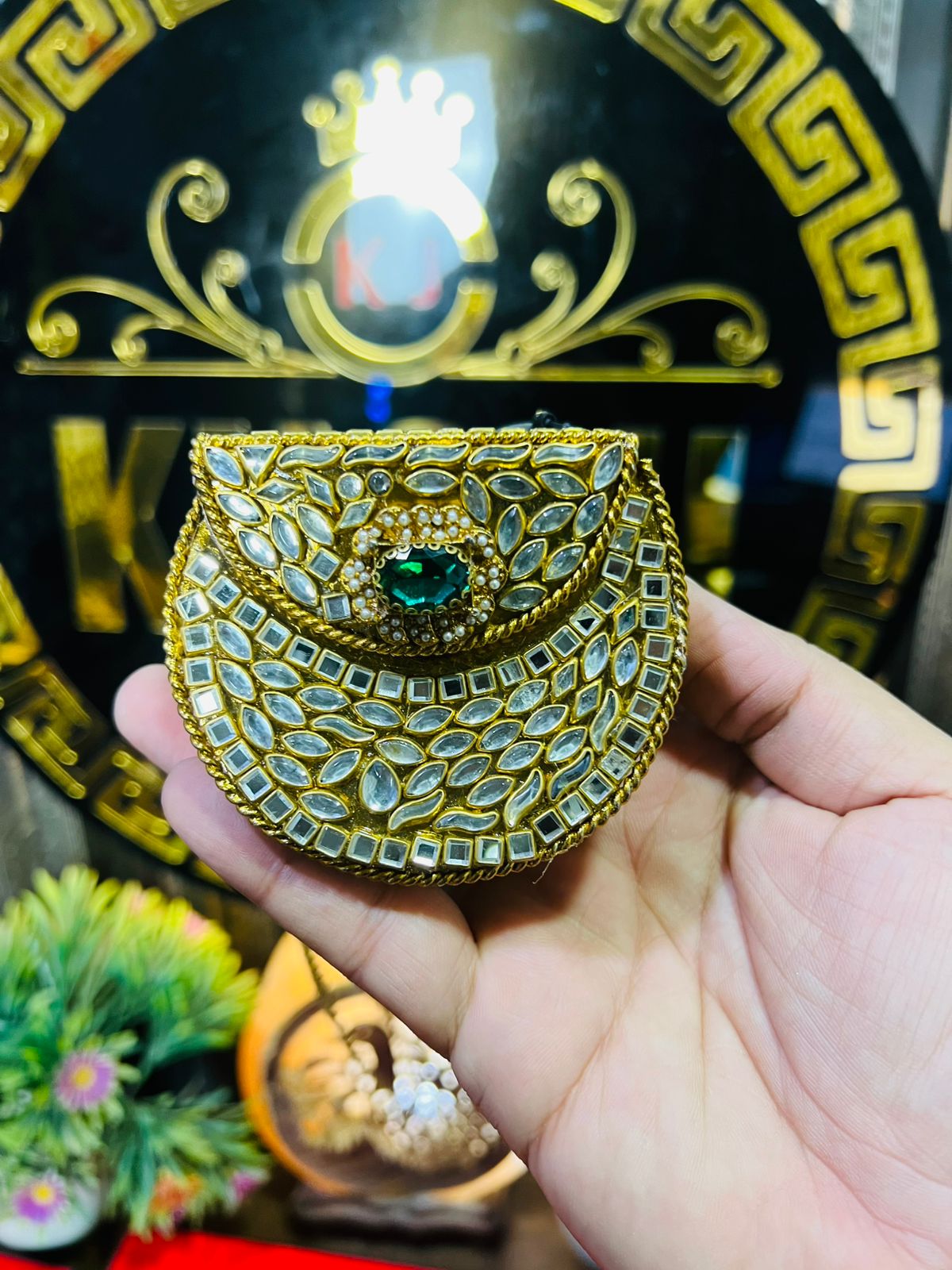 Mini Baby Kundan Indian Metal Bag-Green Stone