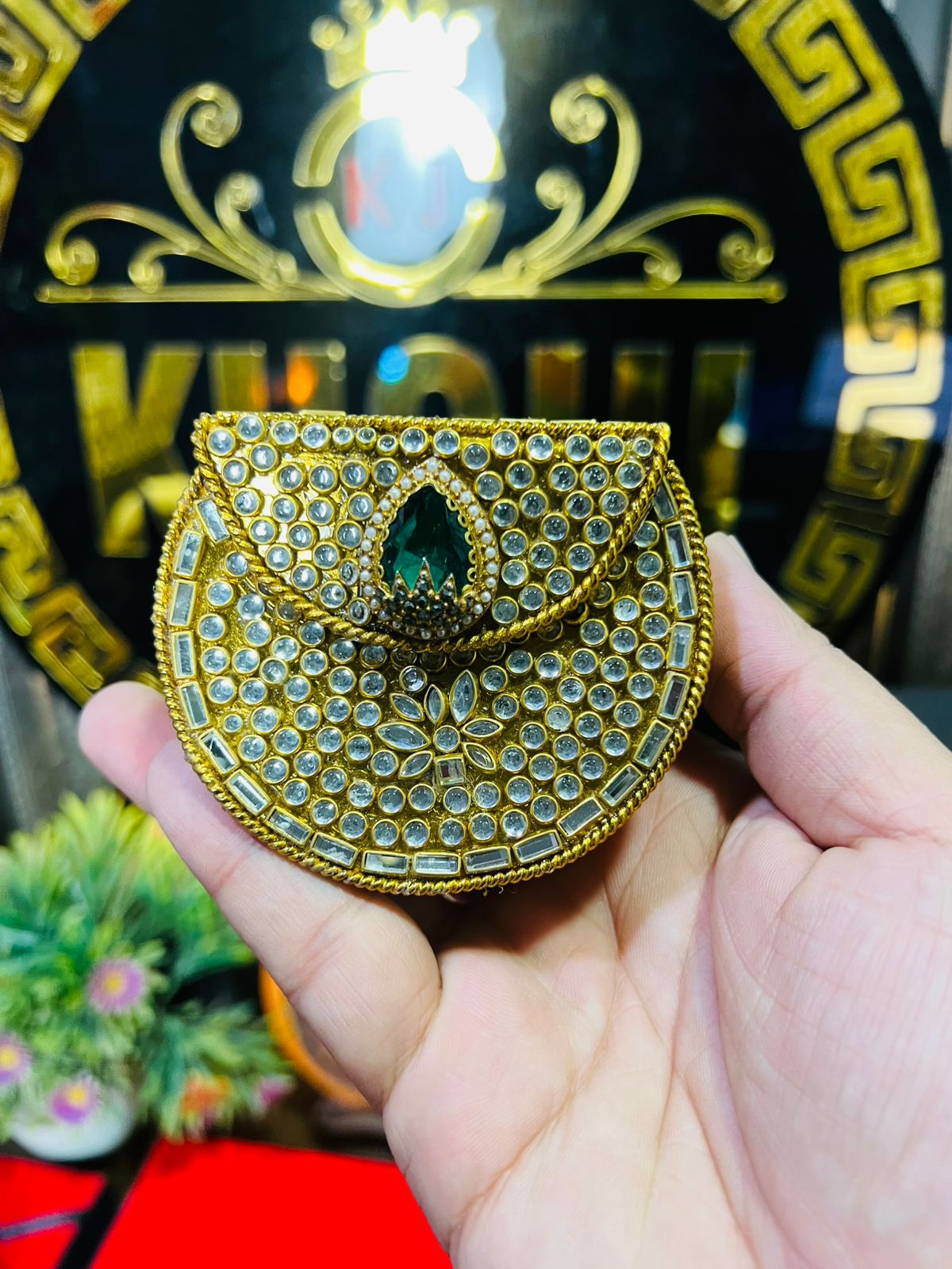 Mini Baby Kundan Indian Metal Bag-Green Stone