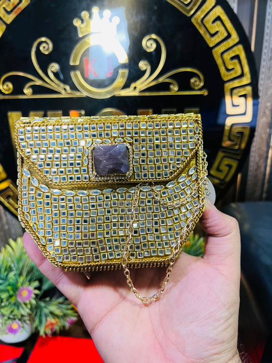 Handmade Kundan Work Sylish Brass Metal Bag-6