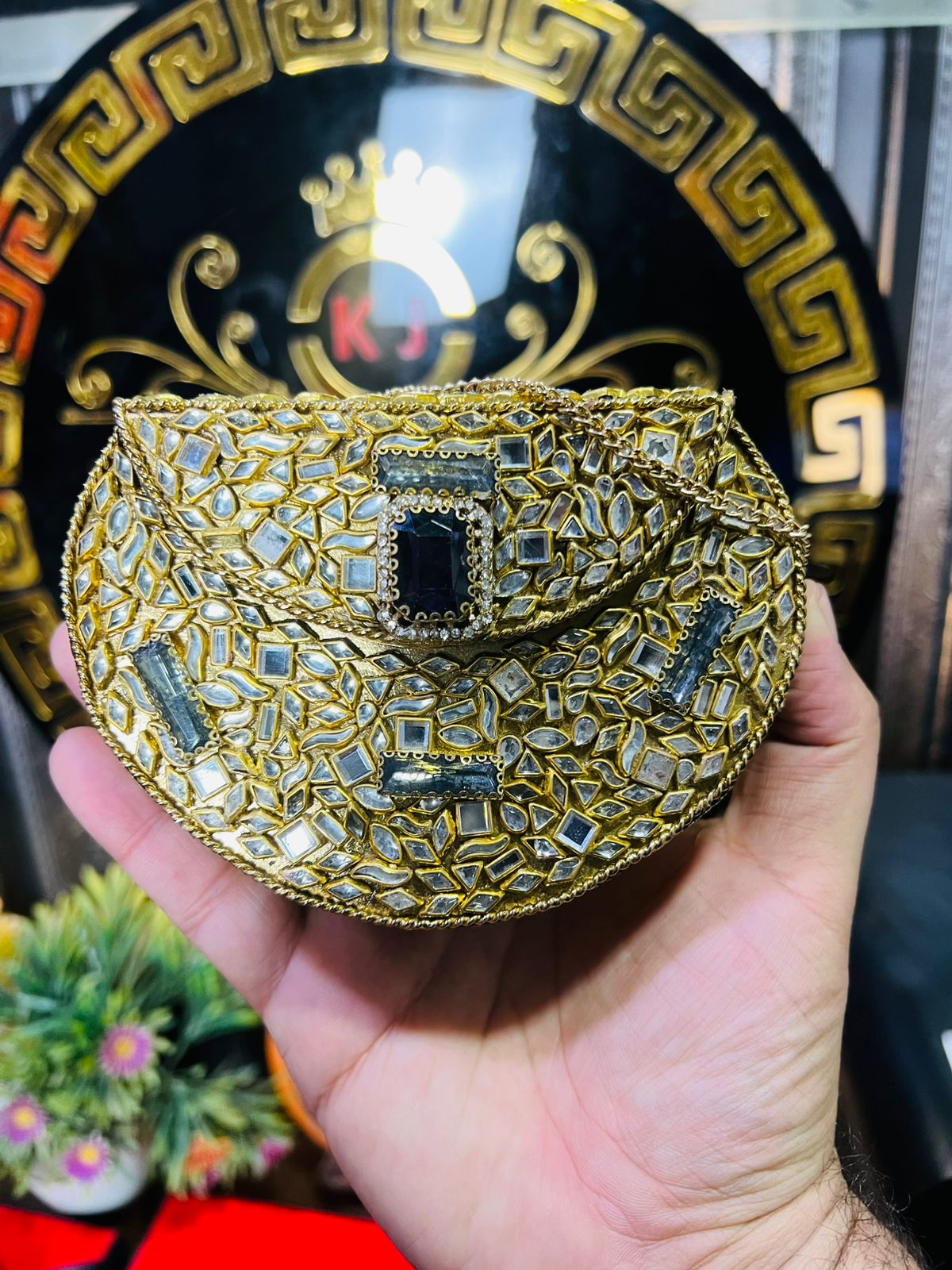 Handmade Kundan Work Sylish Brass Metal Bag-9