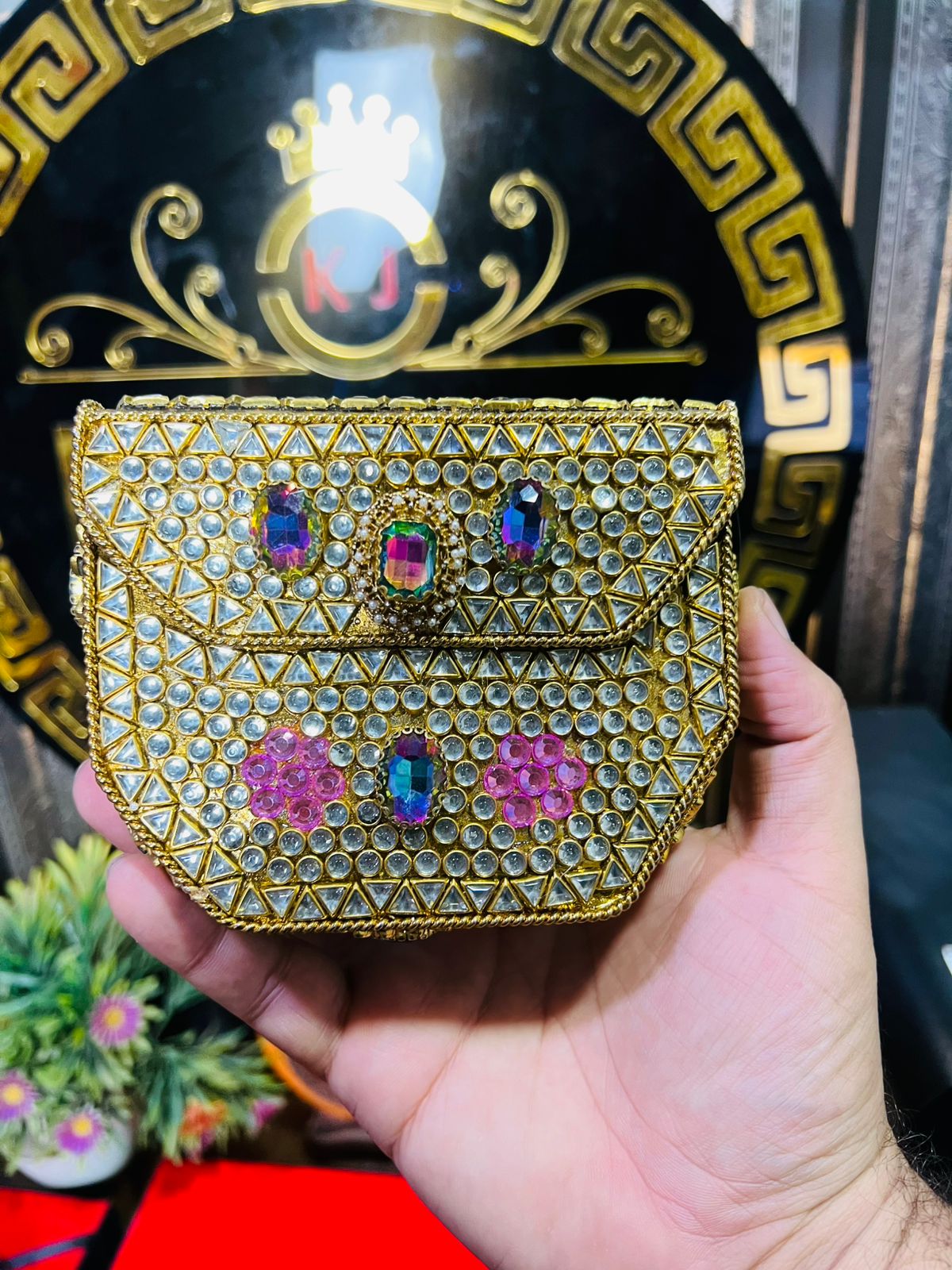 Handmade Kundan Work Sylish Brass Metal Bag-8