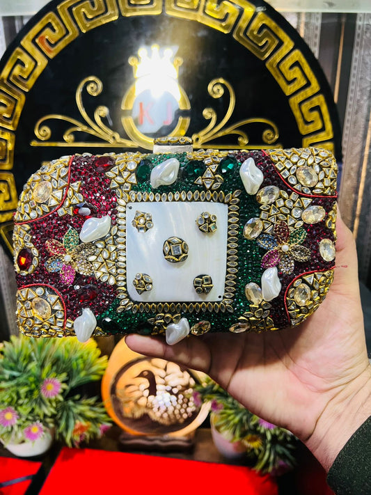 Bridal Double Side Mirror Kundan Work Clutch