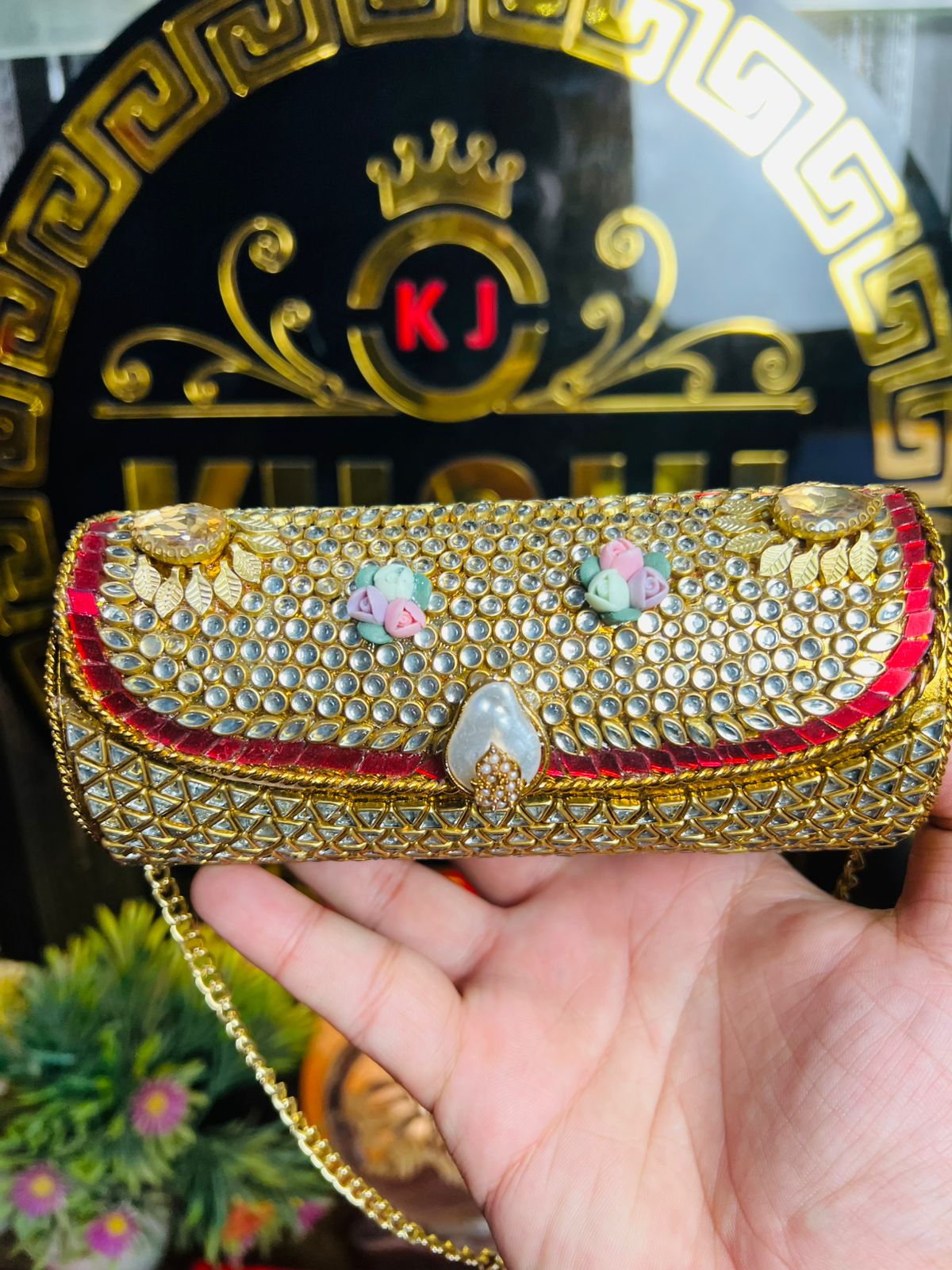 Kundan Work Dholki Shape Bag Large-5