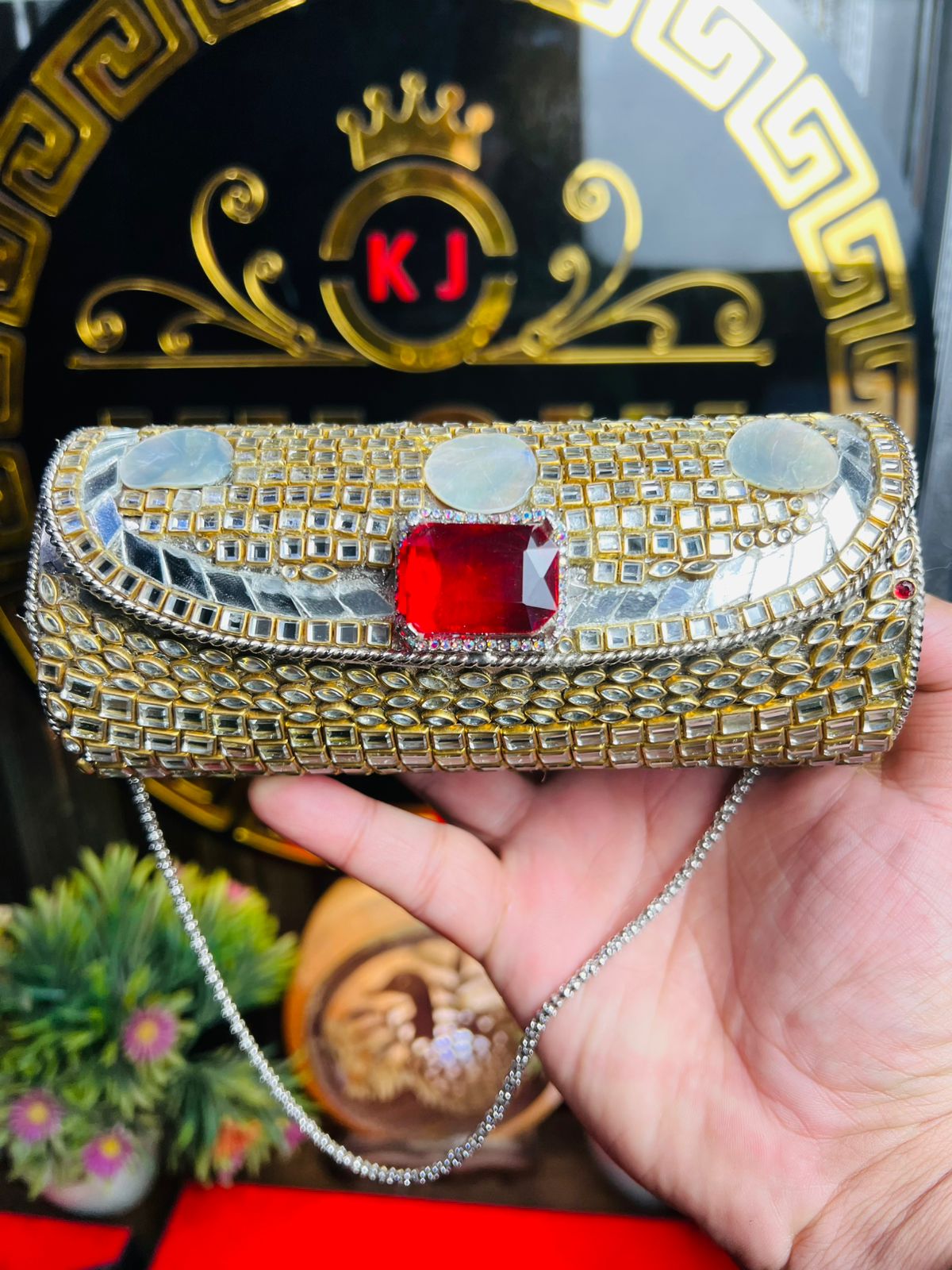 Kundan Work Dholki Shape Bag Large-2