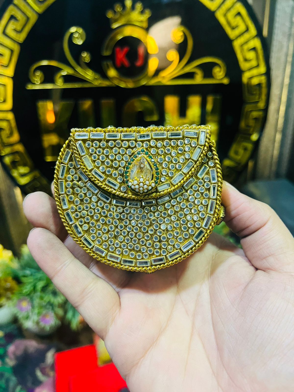 Mini Baby Kundan Indian Metal Bag-Golden Stone