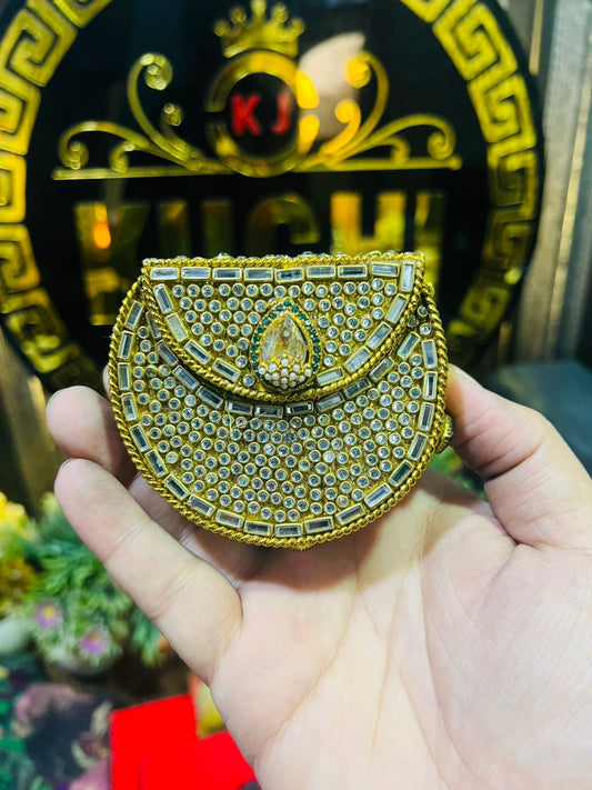 Mini Baby Kundan Indian Metal Bag-Golden Stone