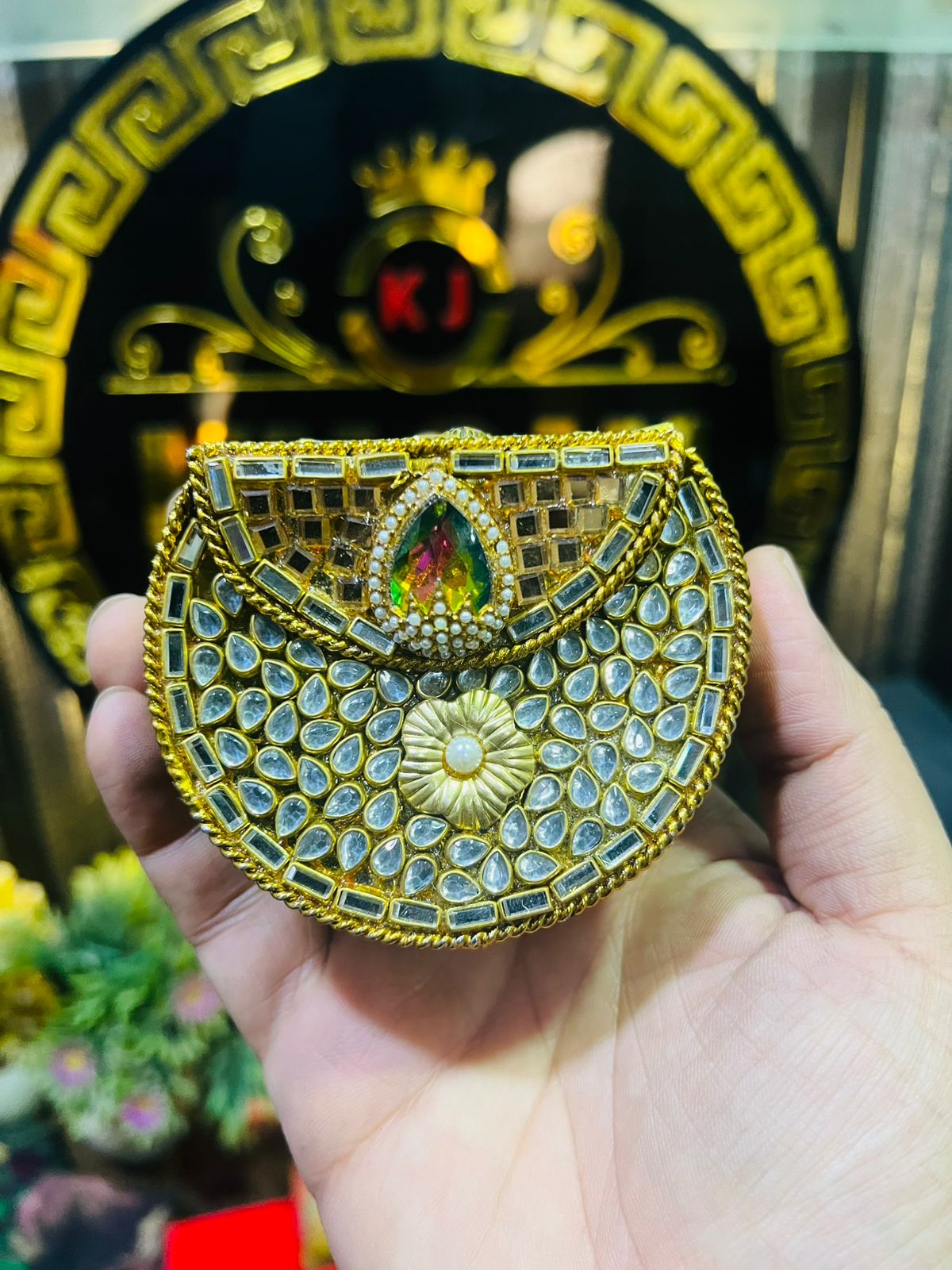 Mini Baby Kundan Indian Metal Bag-Green Gold