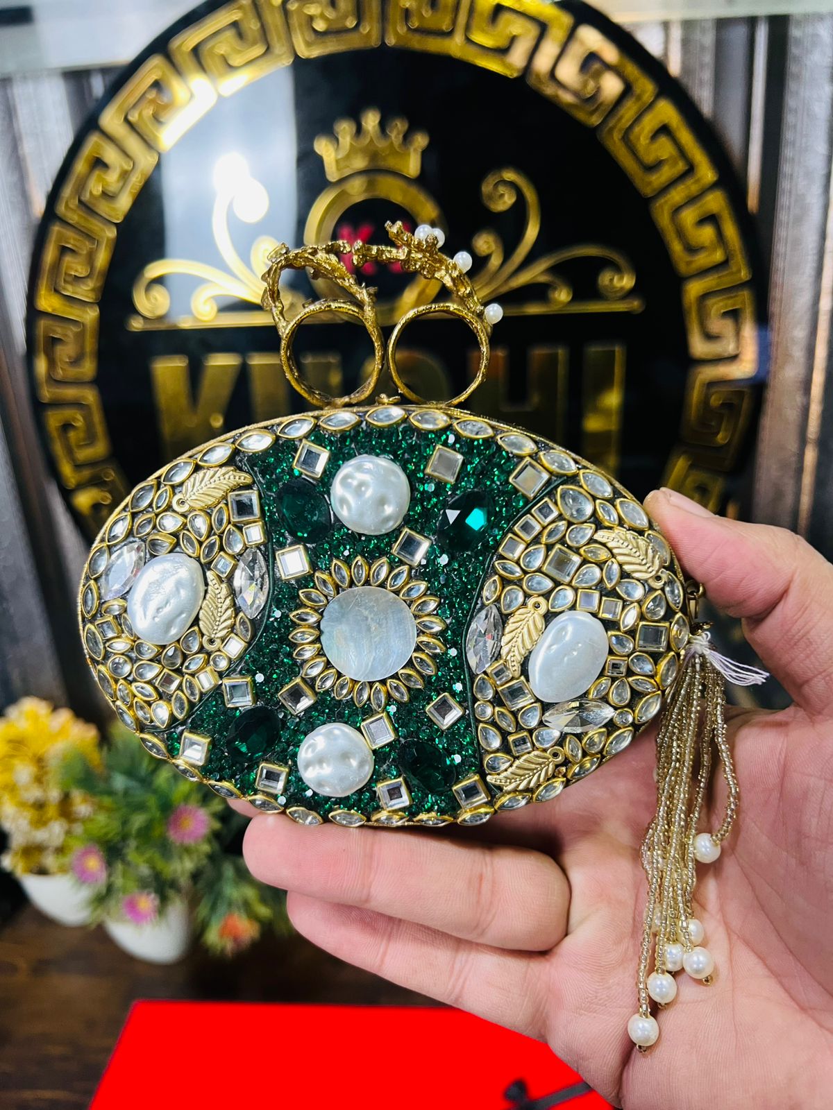 Turkish Designer Bag Both Side Work- 5 White Stone Oval Shape