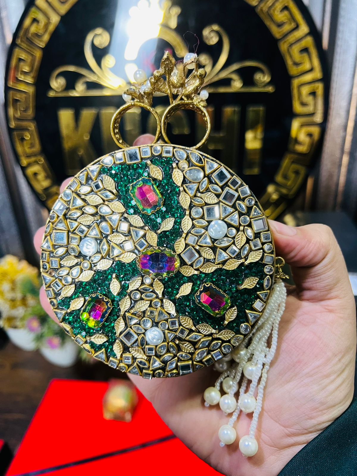 Turkish Designer Bag Both Side Work- Round Green