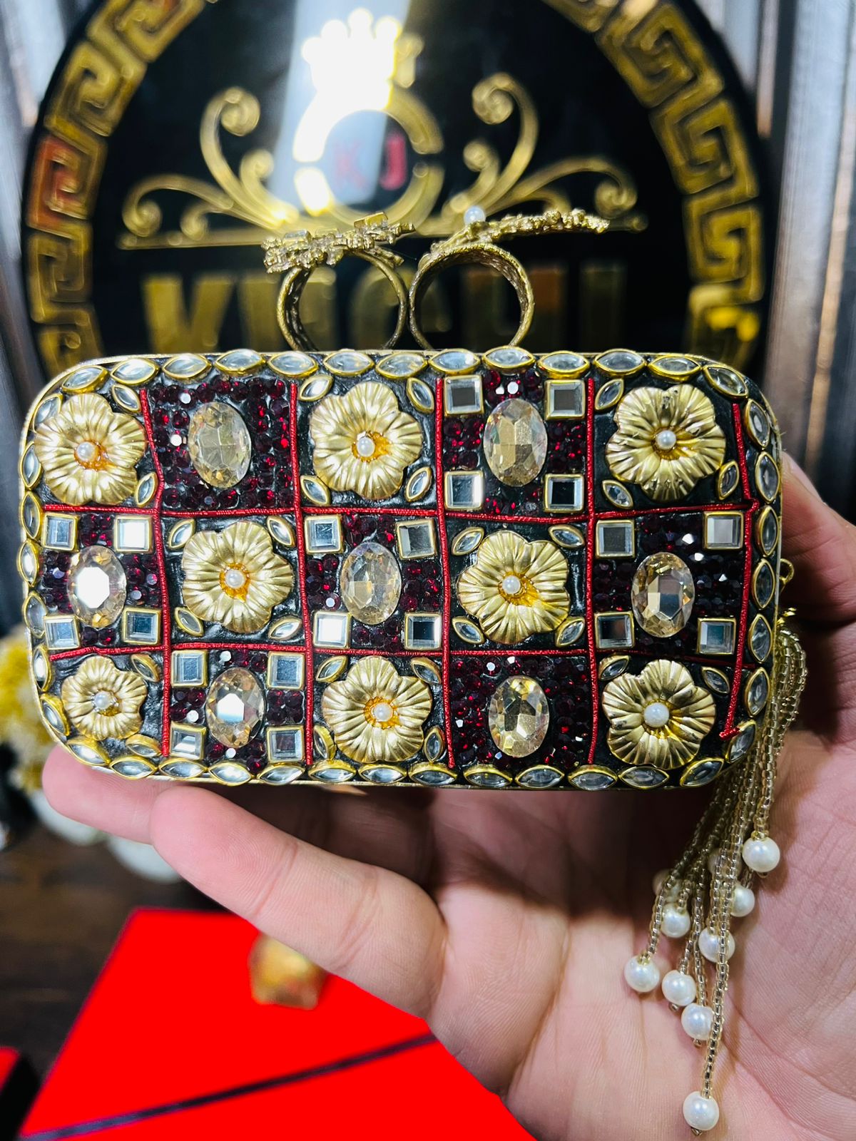 Turkish Designer Bag Both Side Work- Red/Gold Box
