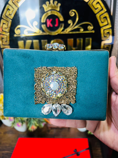 Turkish Design Large Size Double Side Mirror Kundan Work Clutch-Blue Velvet