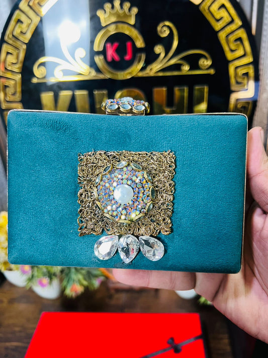 Turkish Design Large Size Double Side Mirror Kundan Work Clutch-Blue Velvet