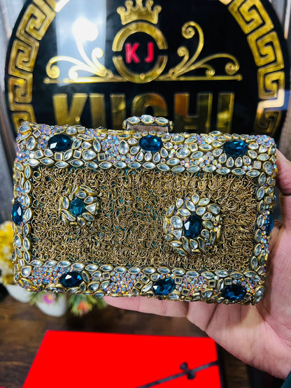 Turkish Design Large Size Double Side Mirror Kundan Work Clutch-Blue Velvet