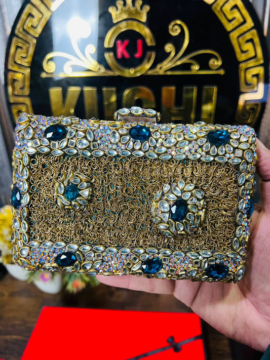 Turkish Design Large Size Double Side Mirror Kundan Work Clutch-Blue Velvet