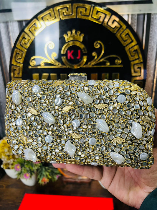 Turkish Design Large Size Double Side Mirror Kundan Work Clutch-RED/WHITE