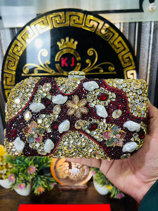 Turkish Design Large Size Double Side Mirror Kundan Work Clutch-RED/WHITE