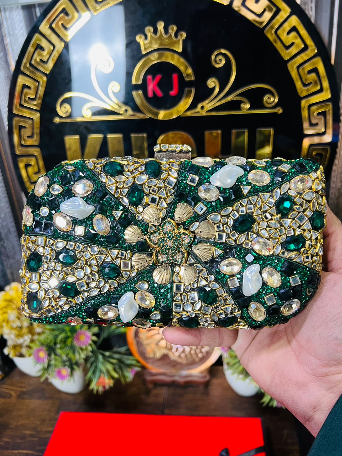 Turkish Design Large Size Double Side Mirror Kundan Work Clutch-GREEN/GOLD