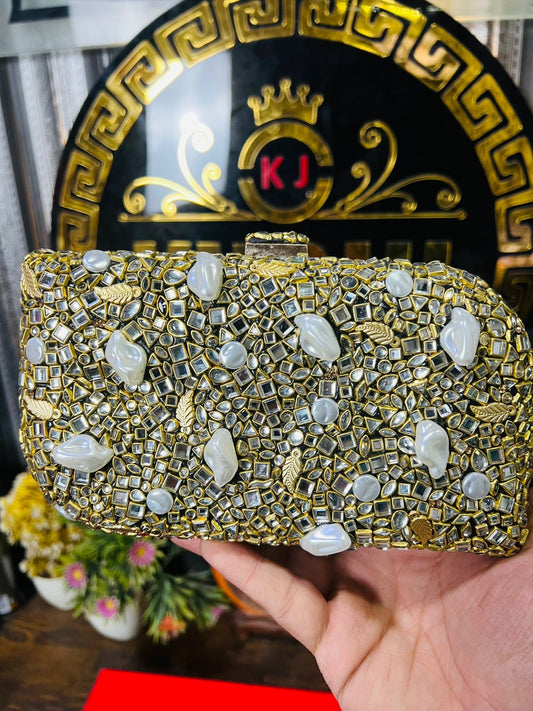 Turkish Design Large Size Double Side Mirror Kundan Work Clutch-BIG WHITE STONE
