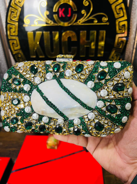 Turkish Design Large Size Double Side Mirror Kundan Work Clutch-BIG WHITE STONE