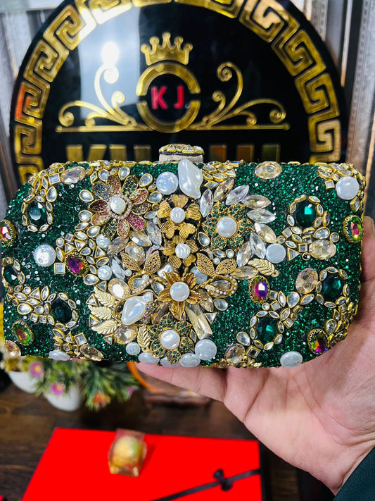 Turkish Design Large Size Double Side Mirror Kundan Work Clutch-GREEN/WHITE