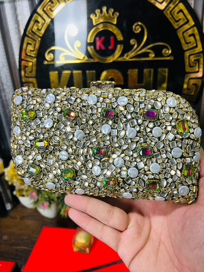Turkish Design Large Size Double Side Mirror Kundan Work Clutch-GREEN/WHITE V