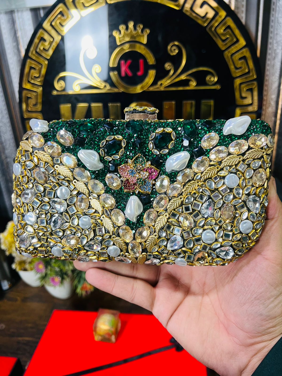 Turkish Design Large Size Double Side Mirror Kundan Work Clutch-GREEN/WHITE V