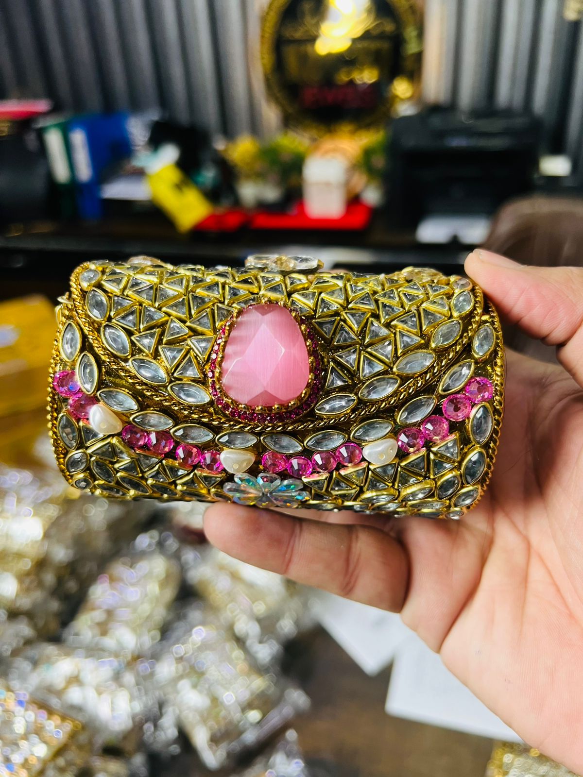 Medium Cylinder Shape Metal Kundan Bag-4