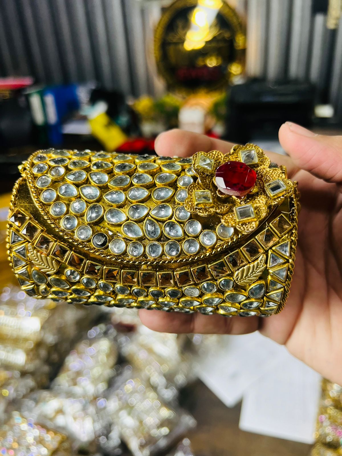 Medium Cylinder Shape Metal Kundan Bag-7