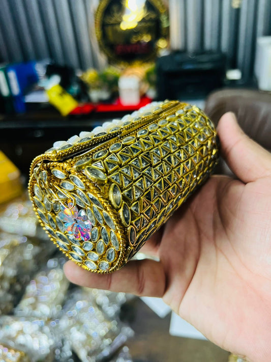 Medium Cylinder Shape Metal Kundan Bag-12