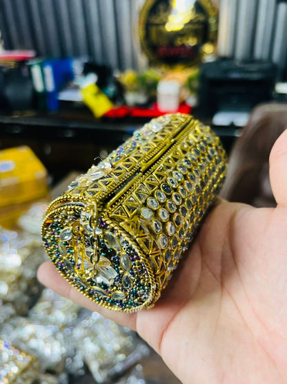 Medium Cylinder Shape Metal Kundan Bag-11