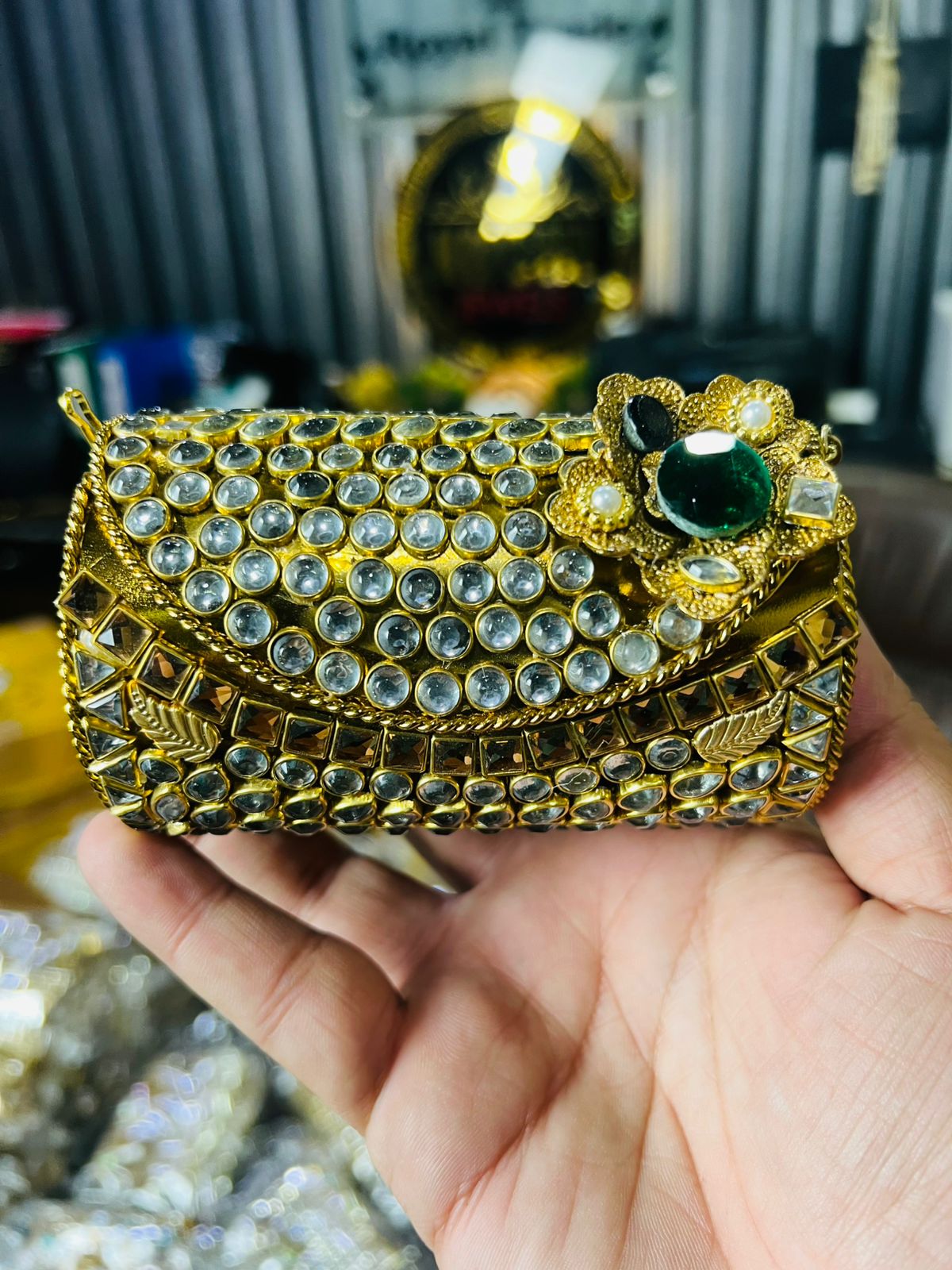Medium Cylinder Shape Metal Kundan Bag-13