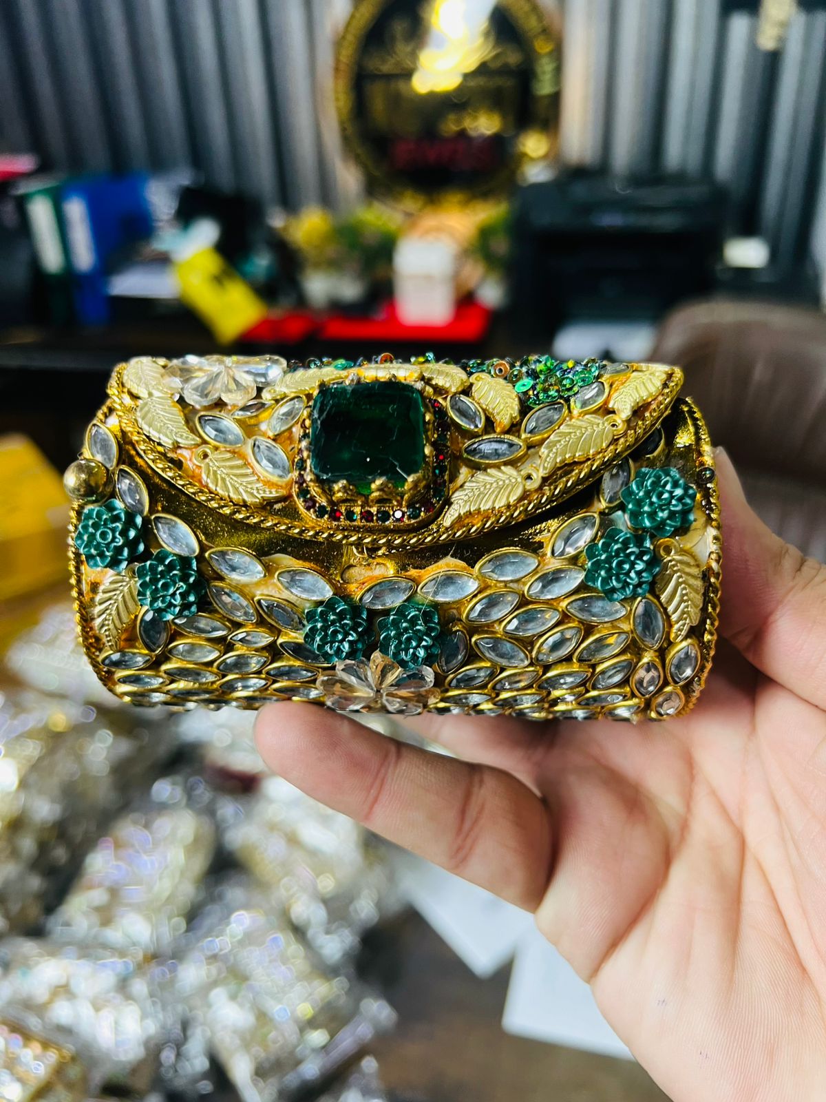 Medium Cylinder Shape Metal Kundan Bag-19