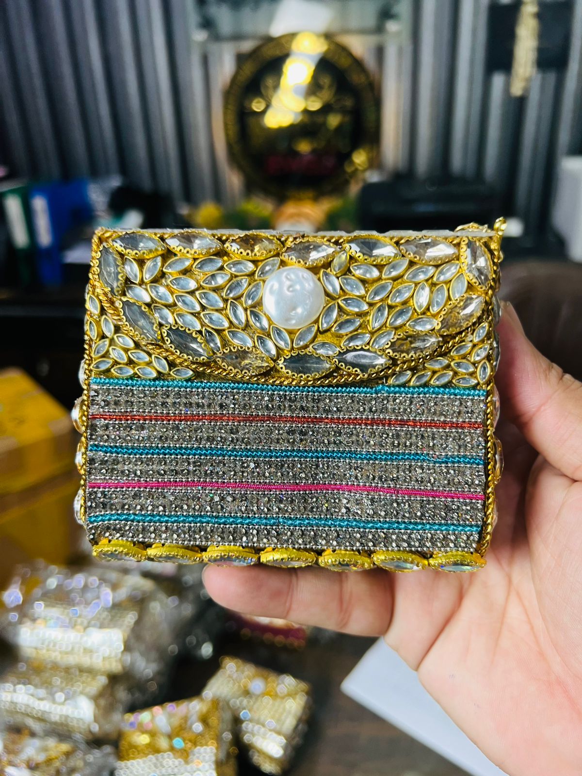 Square Medium Kundan Work Metal Bag-2